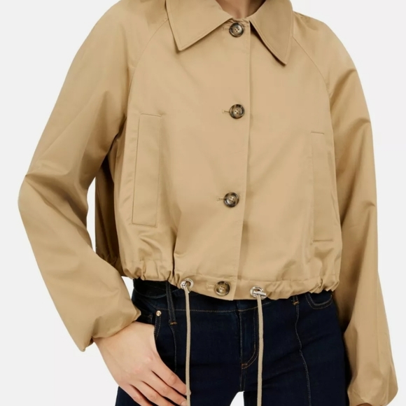 New INC Drawstring Button Front Wing Collar Tan Trench Jacket Shoulder F… - Picture 8 of 11